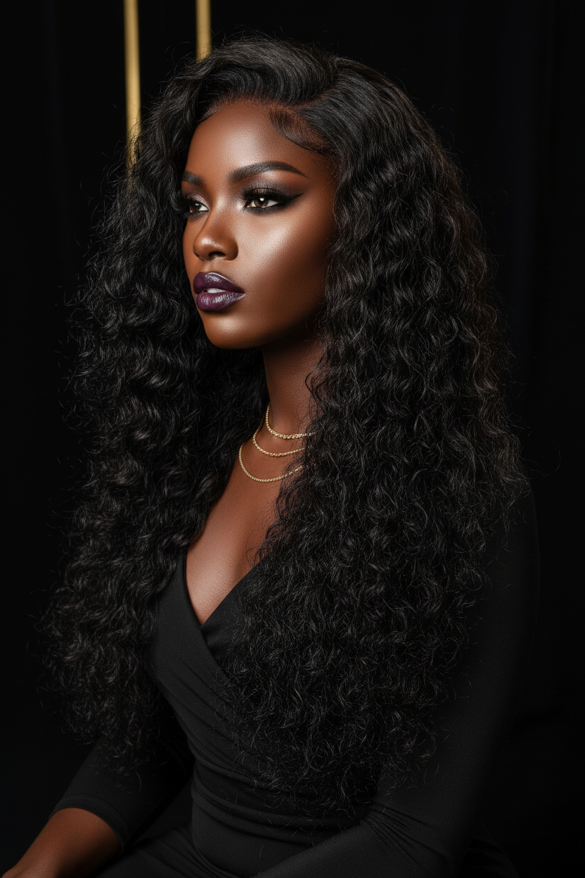 Femme africaine portant la perruque Ivana longue ondulée noire - vue de profil