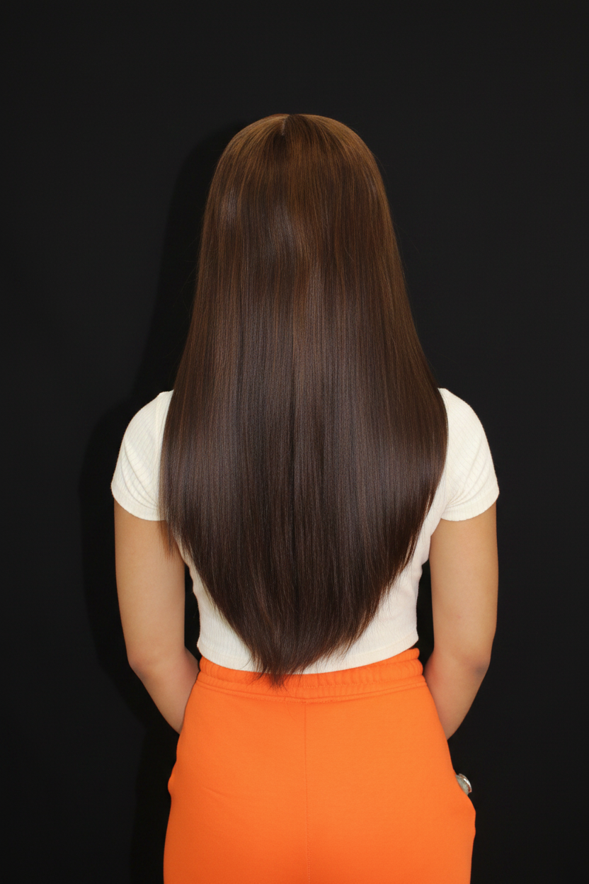 Perruque lace front longue lisse brun foncé - vue de dos