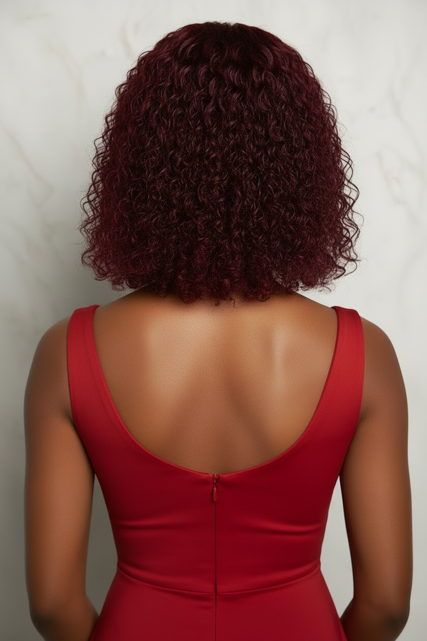 Femme africaine portant la perruque Spanish Curly rouge bordeaux - vue de dos