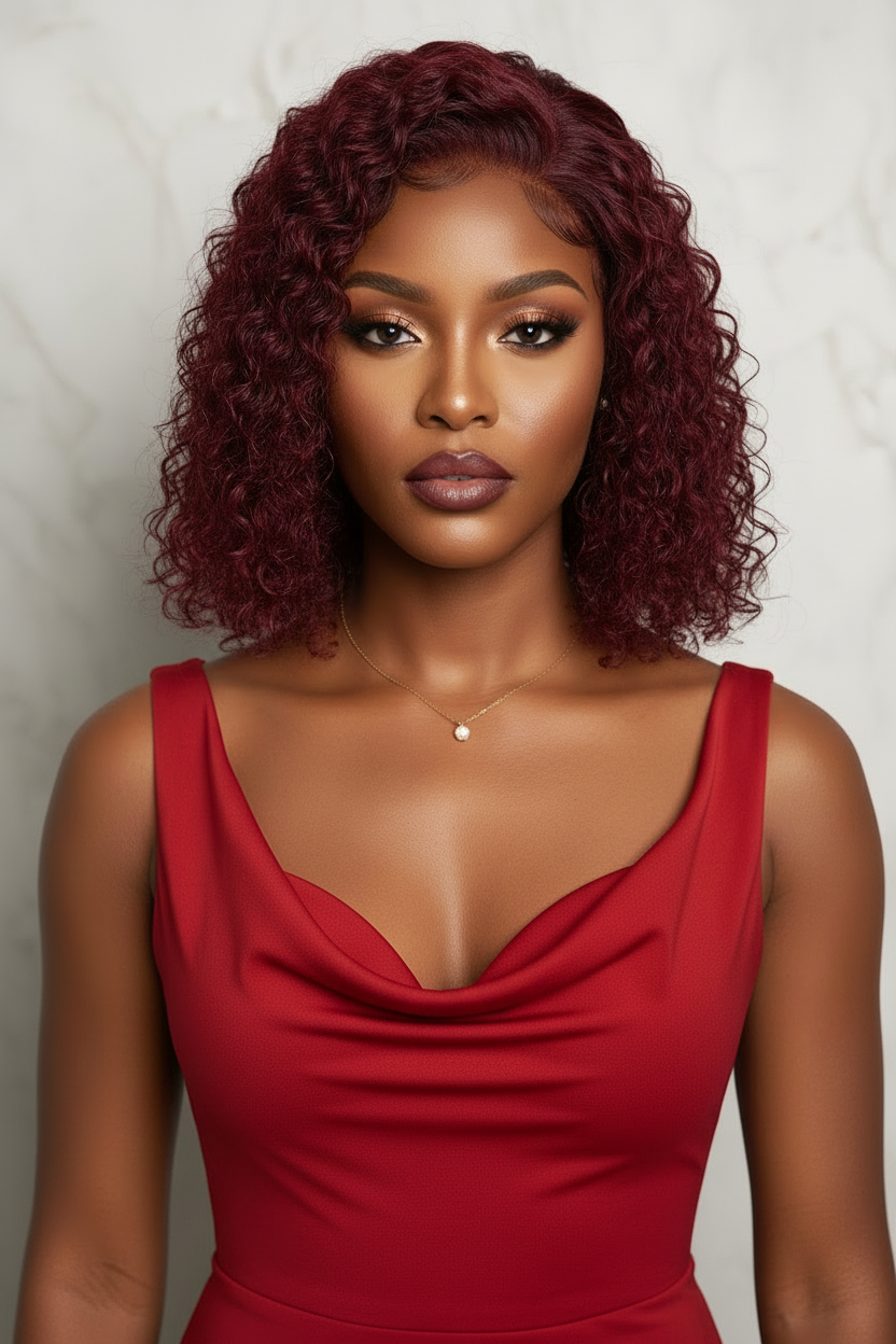 Femme africaine portant la perruque Spanish Curly rouge bordeaux - vue de face