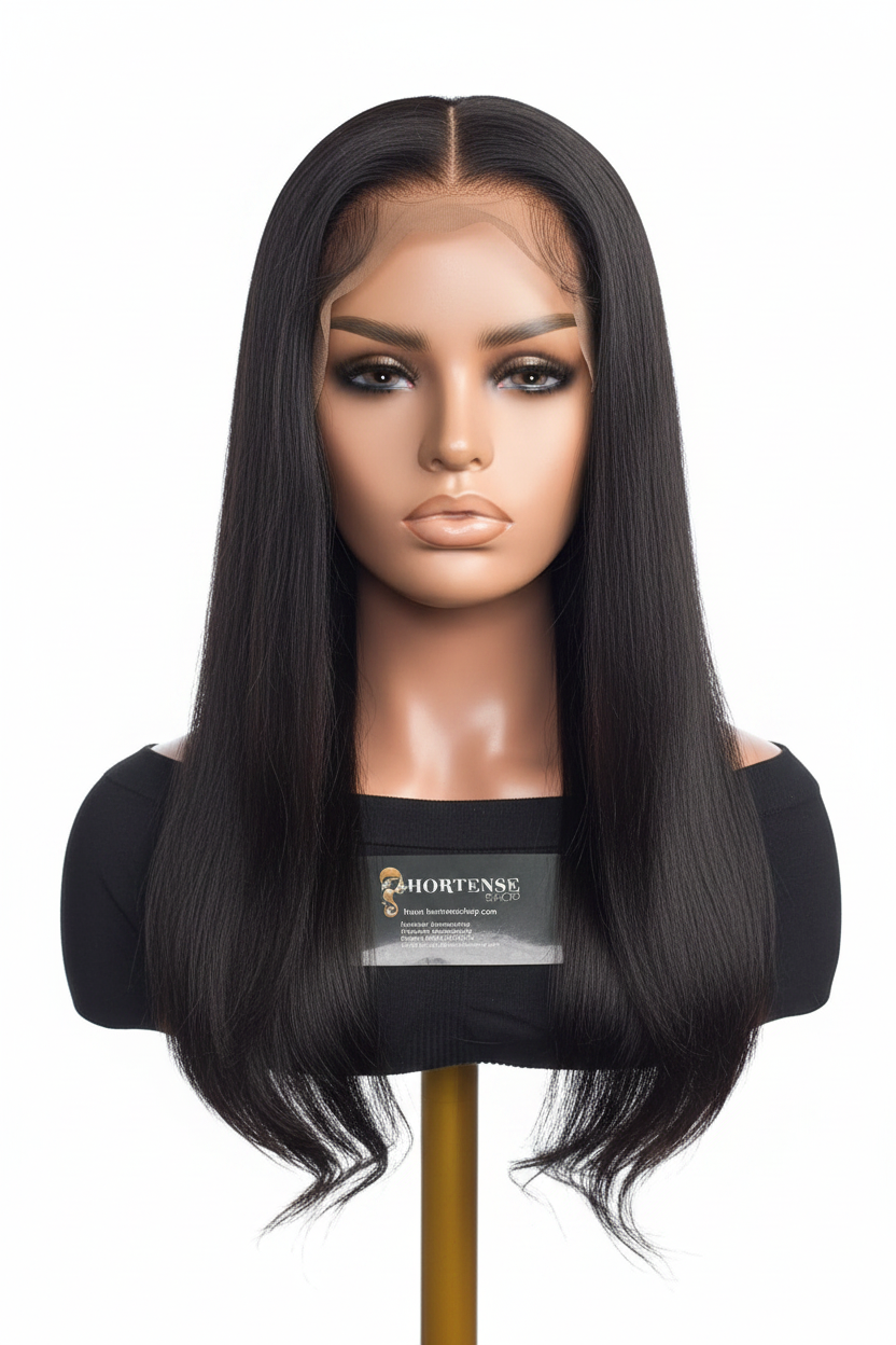 Perruque lisse lace transparente 13x6 – vue face angle bas
